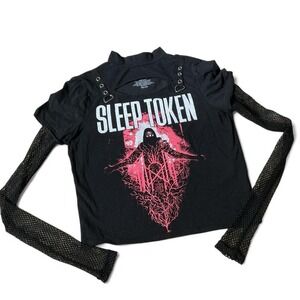Sleep Token Black Crop Top Fishnet Long Sleeve Cutout Mock Neck Band Goth Tee M